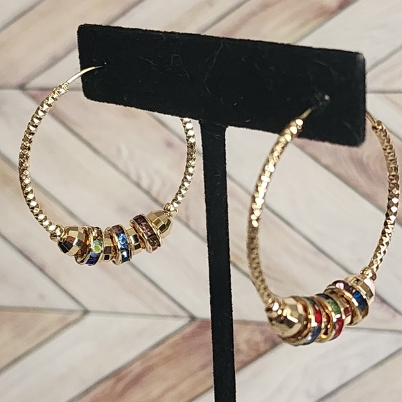 Gold Plated Hoop Earrings with Multi Color Crystals New - Picture 4 of 8